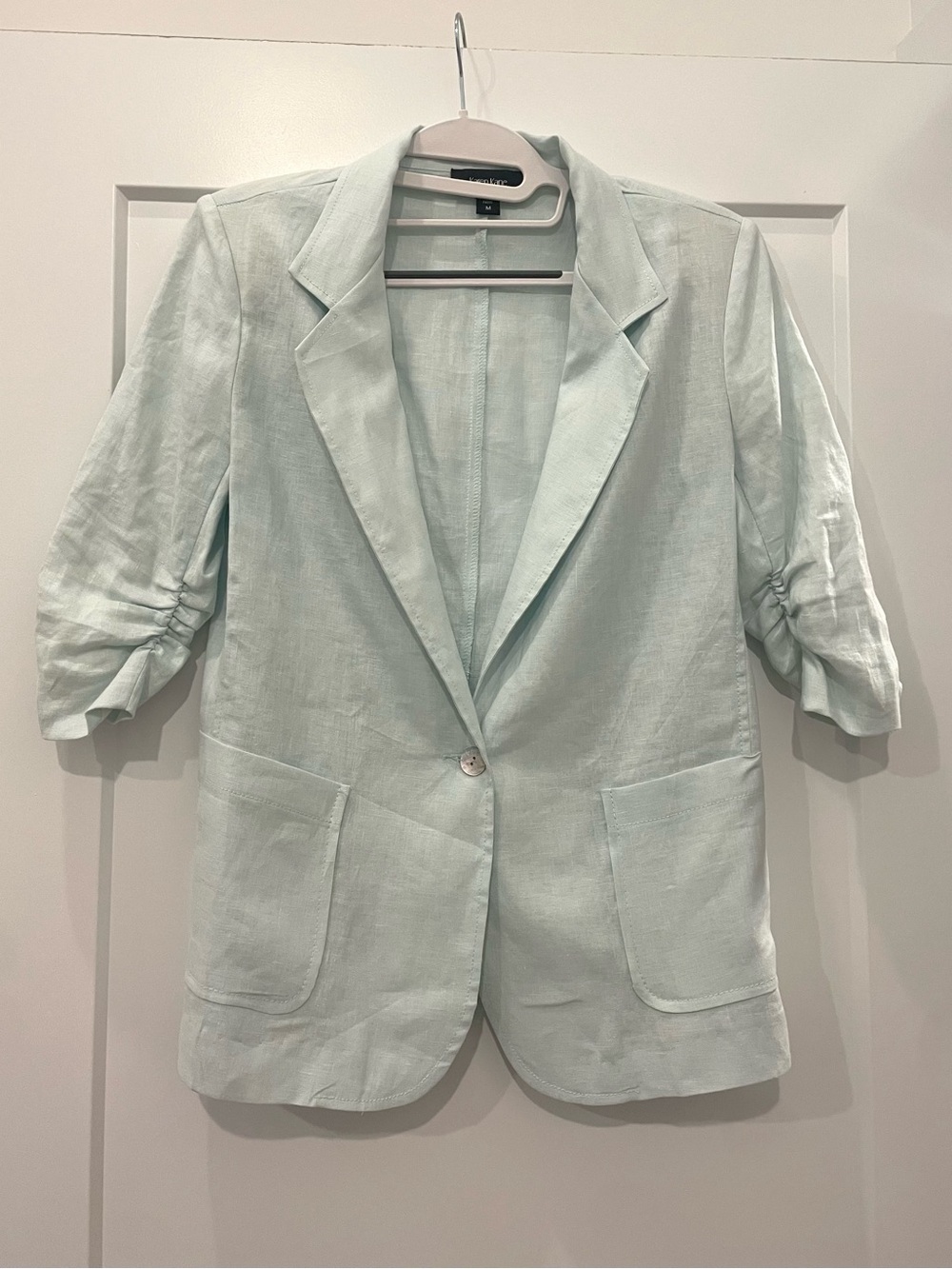 Linen Light Mint Ruched Sleeve Blazer Jacket - Karen Kane Medium